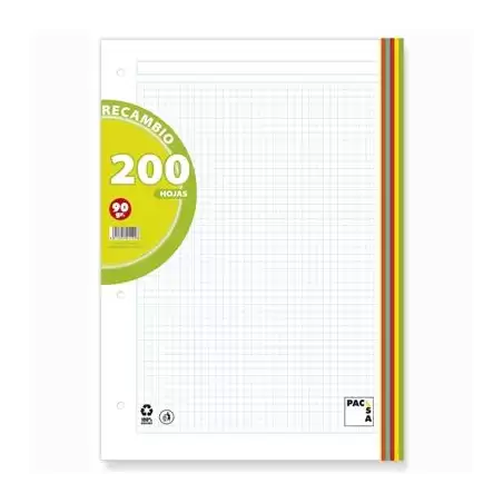 (21190) PACSA RECAMBIO 200H A4 90GR 5X5 + GRECA 4 TALADROS 5 BANDAS COLORES