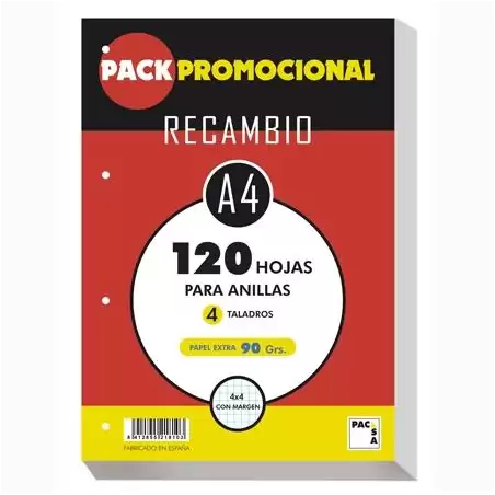 (21810) PACSA RECAMBIO 120H A4 90GR 4X4MM 4 TALADROS PAPEL EXTRA