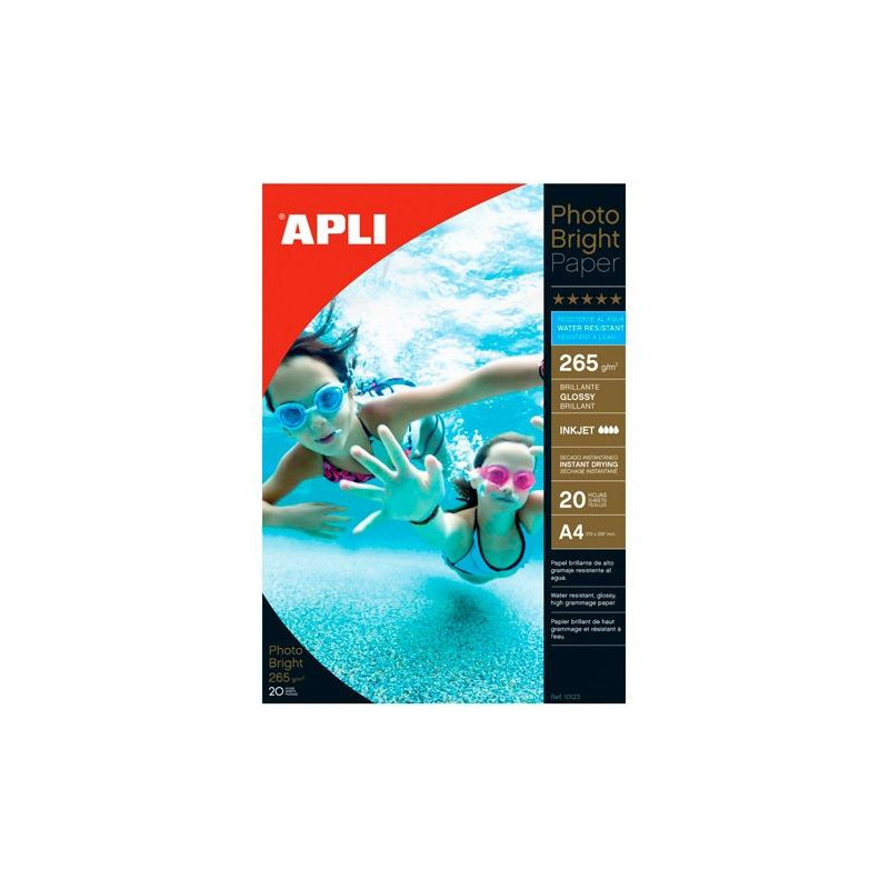 (10123) APLI PAPEL FOTOGRÁFICO PROFESIONAL PHOTO BRIGHT A4 265GR INKJET RESISTENTE AL AGUA PAQUETE 20H BLANCO BRILLO