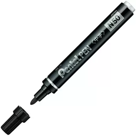 (N50-AE) PENTEL PEN N50-AE MARCADOR PERMANENTE CUERPO ALUMINIO NEGRO Y PUNTA MEDIA CONICA -12U-