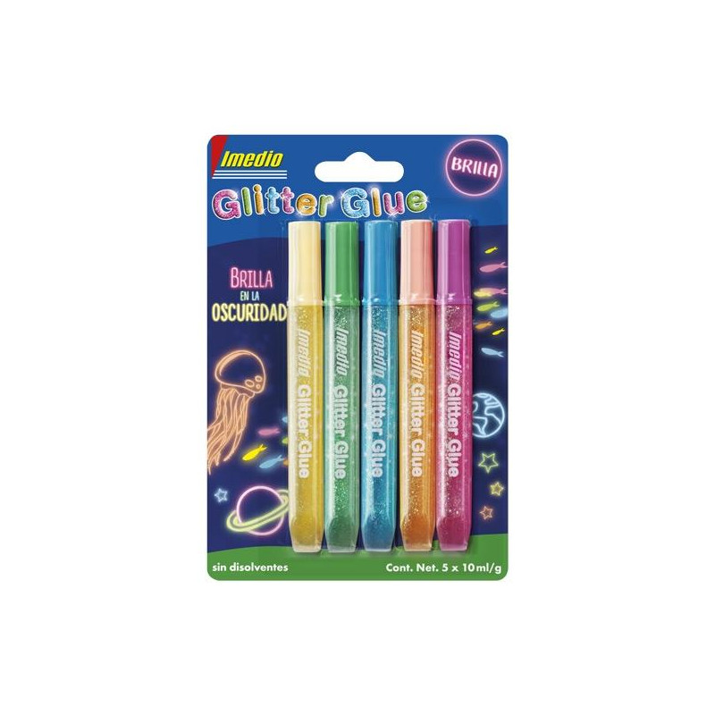 (7001470) IMEDIO ADHESIVO GLITTER GLUE BRILLA EN LA OSCURIDAD TUBO 10ML BLÍSTER 5 C/SURTIDOS