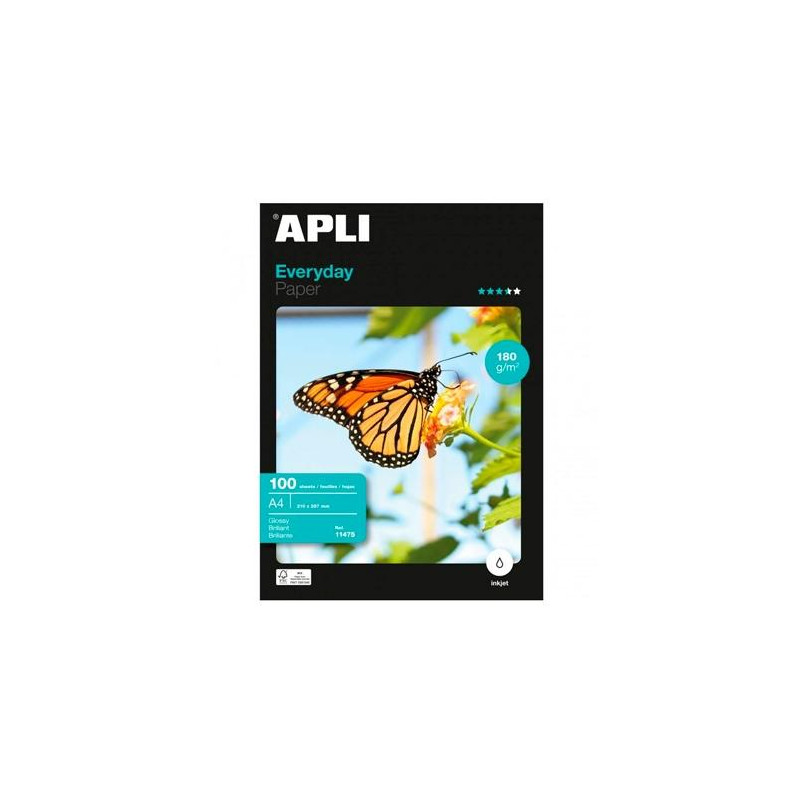 (11475) APLI PAPEL FOTOGRÁFICO EVERYDAY A4 180GR INKJET PAQUETE 100H BLANCO BRILLO