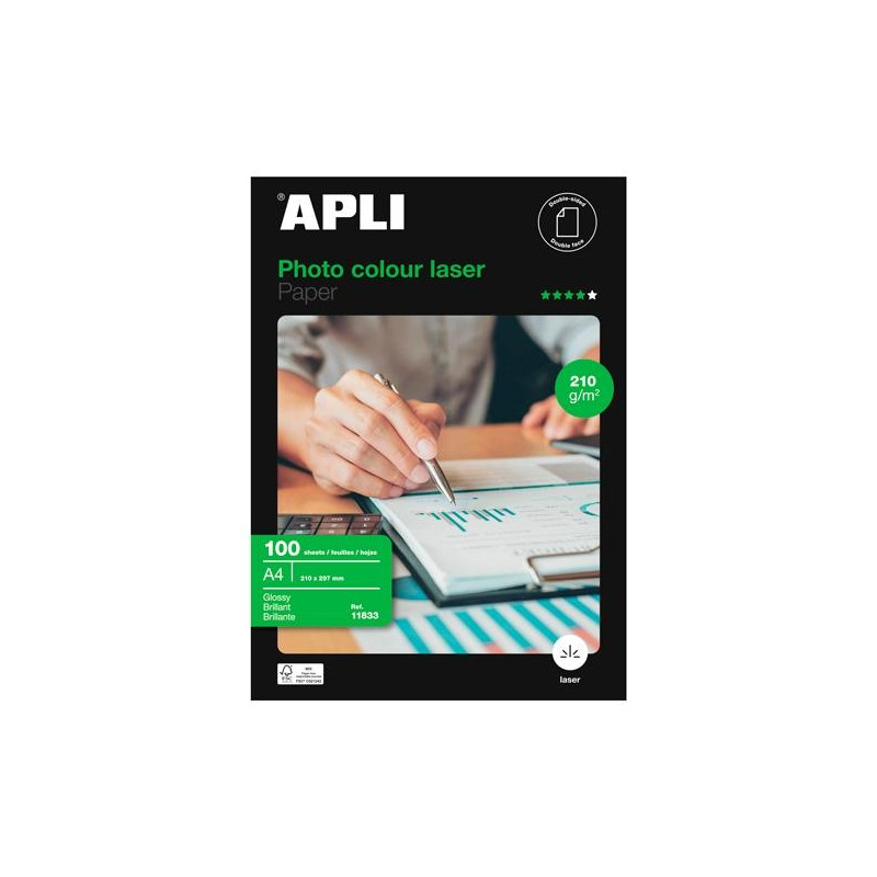 (11833) APLI PAPEL FOTOGRÁFICO A4 210GR LÁSER DOBLE CARA PAQUETE 100H BLANCO BRILLO