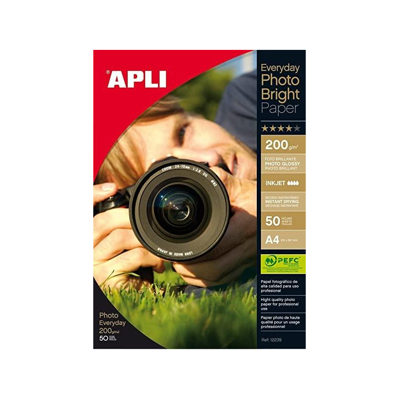 (12239) APLI PAPEL FOTOGRÁFICO EVERYDAY PHOTO BRIGHT A4 200GR INKJET PAQUETE 50H BLANCO BRILLO