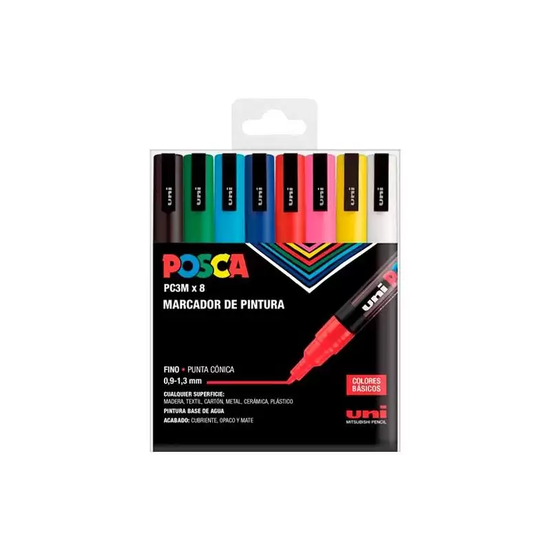 (182634670) POSCA MARCADOR  PC-3M/8C NO PERMANENTE PUNTA FINA 0.9MM-1.3MM COLORES SURTIDOS BASIC -ESTUCHE 8U-