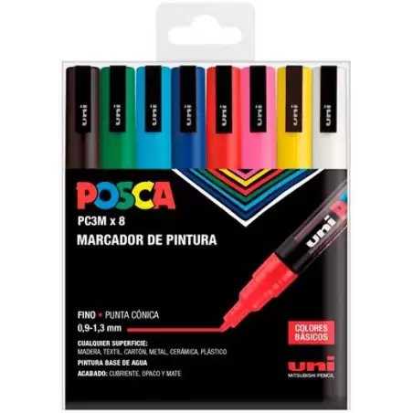 (182634670) POSCA MARCADOR  PC-3M/8C NO PERMANENTE PUNTA FINA 0.9MM-1.3MM COLORES SURTIDOS BASIC -ESTUCHE 8U-