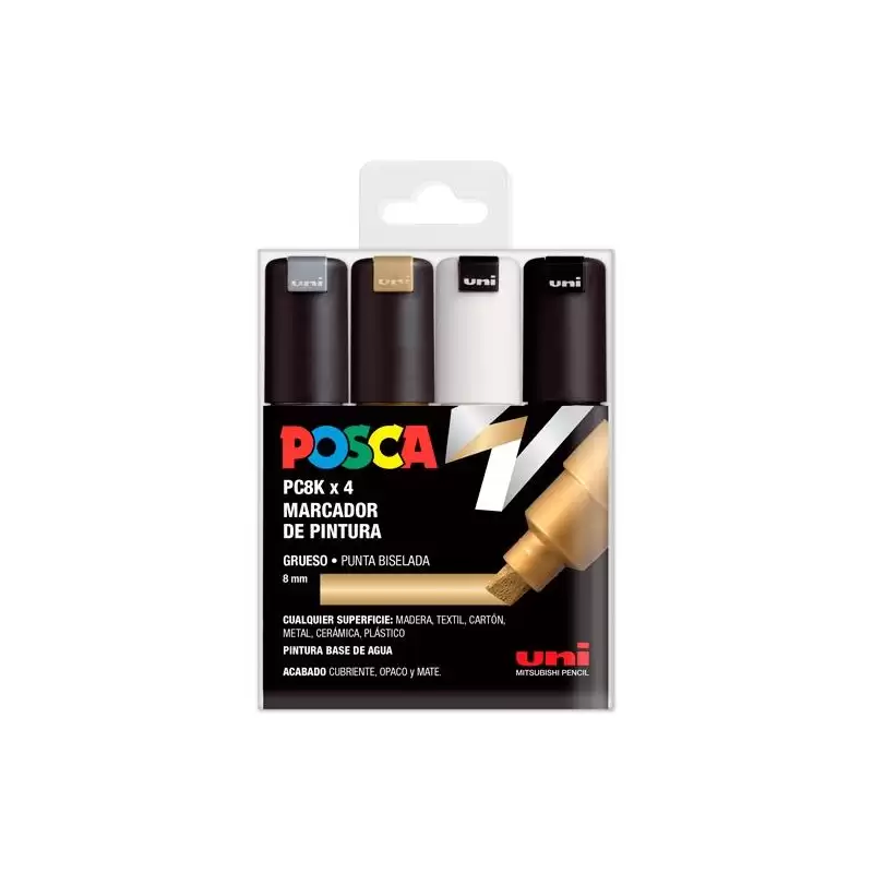 (182634677) POSCA MARCADOR  PC-8K/4C NO PERMANENTE PUNTA BISELADA 8.0MM COLORES SURTIDOS GSWB -ESTUCHE 4U-