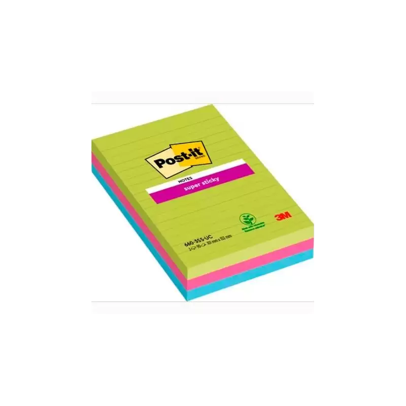 (7100235020) POST-IT BLOC NOTAS ADHESIVAS SUPER STICKY CON LÍNEAS 90H FORMATO GRANDE 102X152 C/SURTIDOS PAQUETE 3 UD
