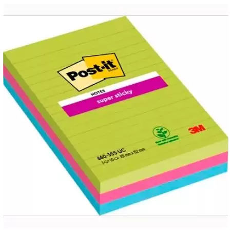 (7100235020) POST-IT BLOC NOTAS ADHESIVAS SUPER STICKY CON LÍNEAS 90H FORMATO GRANDE 102X152 C/SURTIDOS PAQUETE 3 UD