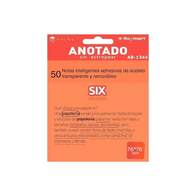 (AB-1344) ROYMART BLOC NOTAS ADHESIVAS INTELIGENTES REMOVIBLES 50H 76X76 ACETATO TRANSPARENTE NARANJA FLUORESCENTE