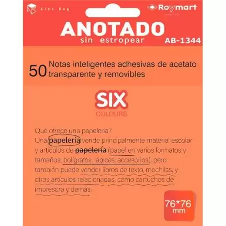 (AB-1344) ROYMART BLOC NOTAS ADHESIVAS INTELIGENTES REMOVIBLES 50H 76X76 ACETATO TRANSPARENTE NARANJA FLUORESCENTE