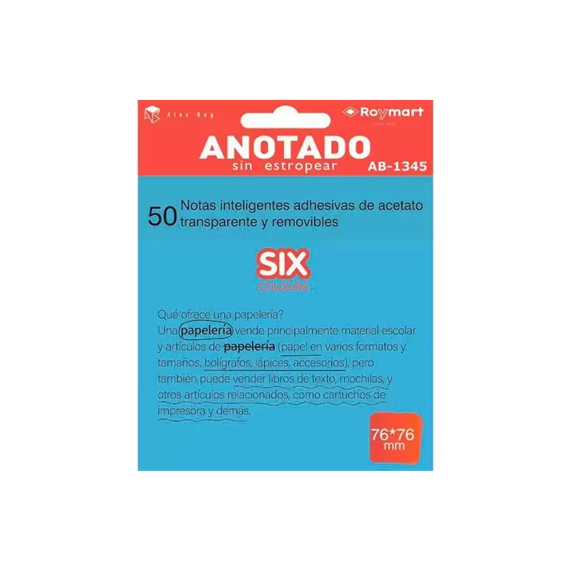 (AB-1345) ROYMART BLOC NOTAS ADHESIVAS INTELIGENTES REMOVIBLES 50H 76X76 ACETATO TRANSPARENTE AZUL FLÚOR