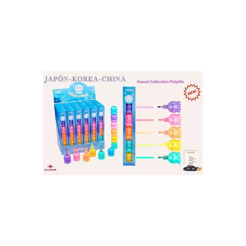 (EKW-003) ROYMART MARCADORES PULPILLOS KAWAII SET DE 5 EXPOSITOR DE 24 C/SURTIDOS