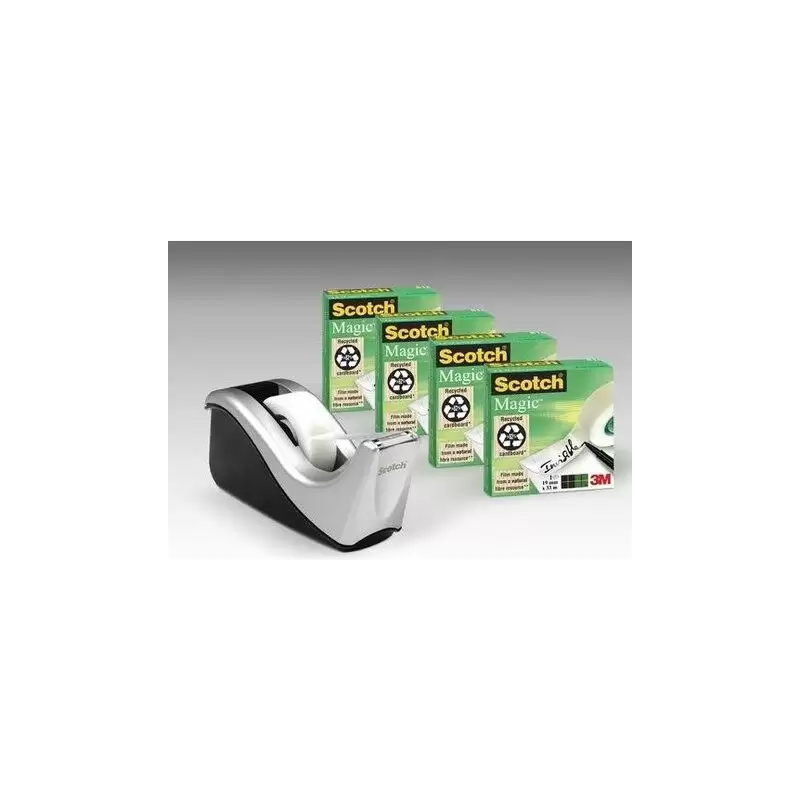 (7100040322) SCOTCH DISPENSADOR C60 NEGO/PLATA + 4 ROLLOS CINTA SCOTCH MAGIC 19MMX33M