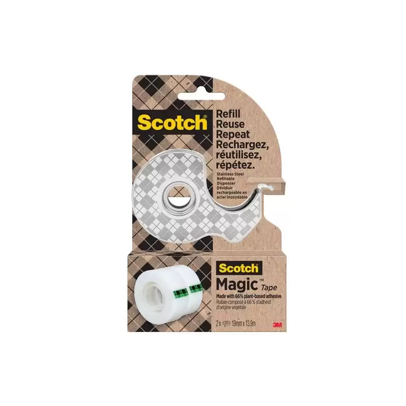 (7100334048) SCOTCH DISPENSADOR DE ACERO INOXIDABLE RECARGABLE PARA CINTA ADHESIVA + 2 ROLLOS DE 19MMX13