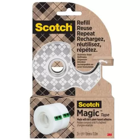 (7100334048) SCOTCH DISPENSADOR DE ACERO INOXIDABLE RECARGABLE PARA CINTA ADHESIVA + 2 ROLLOS DE 19MMX13
