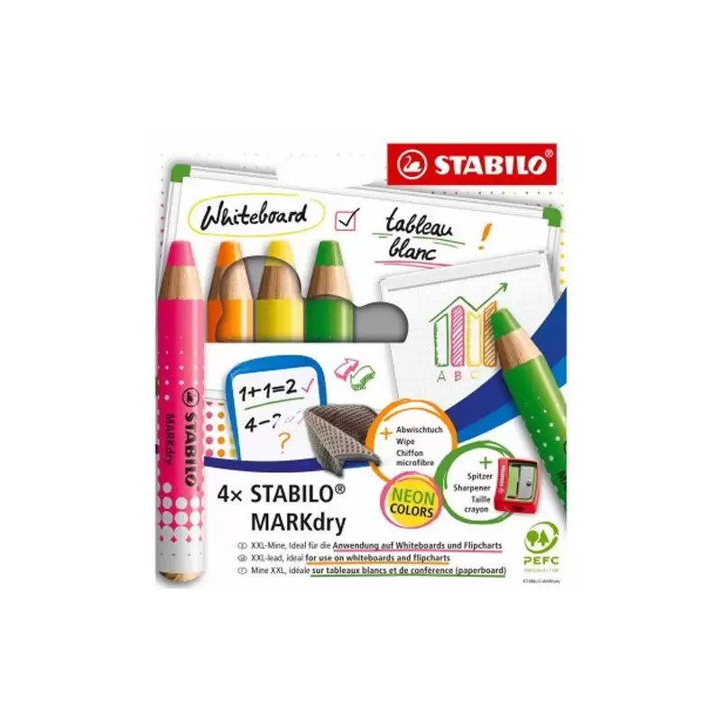 (648/4-01) STABILO MARCADOR EN SECO MARKDRY NEON PARA PIZARRA BLANCA Y DE PAPEL C/SURTIDOS ESTUCHE 4 UD
