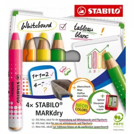 (648/4-01) STABILO MARCADOR EN SECO MARKDRY NEON PARA PIZARRA BLANCA Y DE PAPEL C/SURTIDOS ESTUCHE 4 UD