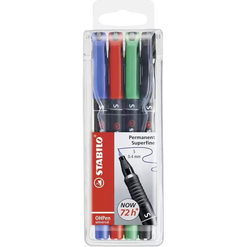 (841/4) STABILO MARCADOR PERMANENTE OHPEN UNIVERSAL S PUNTA SUPER FINA 0.4MM C/SURTIDOS ESTUCHE 4 UD
