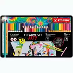 (87/3193) STABILO ROTULADORES CREATIVE SET ARTY C/SURTIDOS 12 POINT 88 + 8 PEN 68 BRUSH + 16 AQUACOLOR CAJA DE METAL 36 UD