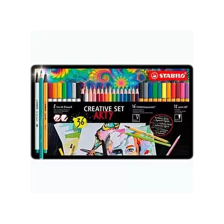 (87/3193) STABILO ROTULADORES CREATIVE SET ARTY C/SURTIDOS 12 POINT 88 + 8 PEN 68 BRUSH + 16 AQUACOLOR CAJA DE METAL 36 UD