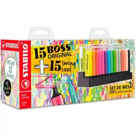 (E/87-3710) STABILO MARCADORES FLUORESCENTES SET DE MESA 15 UD BOSS ORIGINAL + 15 UD SWING COOL C/SURTIDOS