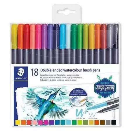 (3001 TB18) STAEDTLER ROTULADORES DESIGN JOURNEY DOBLE PUNTA FINA/PINCEL ACUARELABLES C/SURTIDOS ESTUCHE 18 UD