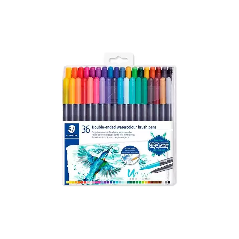 (3001 TB36) STAEDTLER ROTULADORES DESIGN JOURNEY DOBLE PUNTA FINA/PINCEL ACUARELABLES C/SURTIDOS ESTUCHE 36 UD