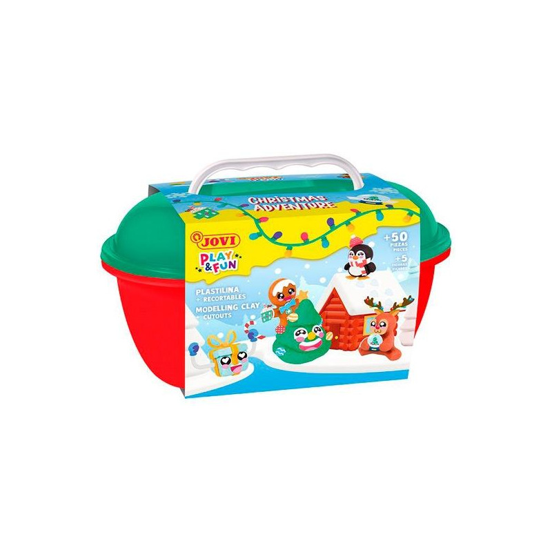 (2205) JOVI COFRE PLAY&FUN 24 PASTILLAS PLASTILINA 15GR + MOLDEADORES + RECORTABLES NAVIDAD