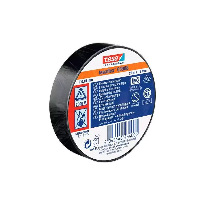 (53988-00001-11) TESA CINTA AISLANTE ELÉCTRICA PROFESSIONAL 20M X 19MM NEGRO