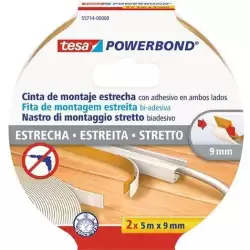(55714-00000-02) TESA CINTA ADHESIVA DE MONTAJE ESTRECHA DOBLE CARA POWERBOND 2 ROLLOS 9MM X 5M TRANSPARENTE