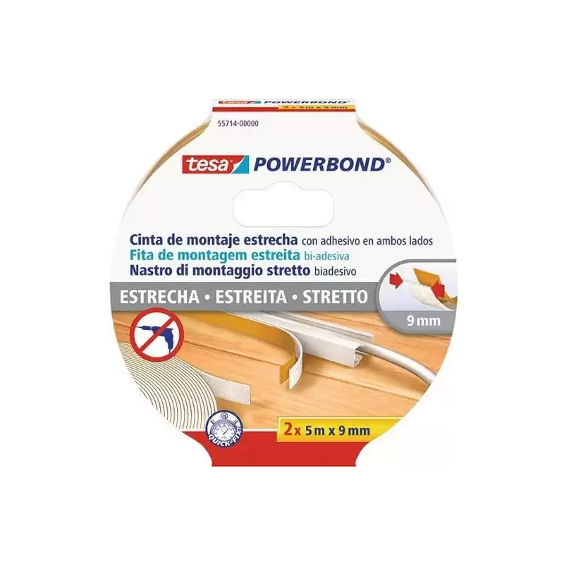 (55714-00000-02) TESA CINTA ADHESIVA DE MONTAJE ESTRECHA DOBLE CARA POWERBOND 2 ROLLOS 9MM X 5M TRANSPARENTE