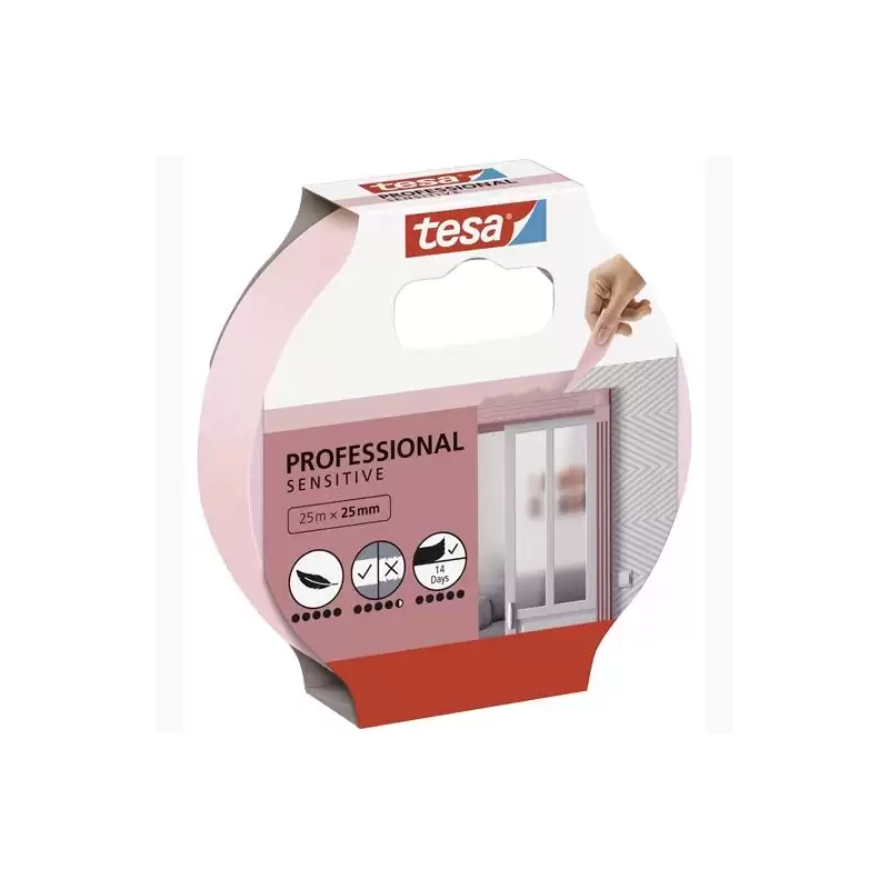 (56260-00001-02) TESA CINTA ADHESIVA DE ENMASCARAR PROFESSIONAL SENSITIVE PARA PINTOR ROLLO 25MX25MM ROSA