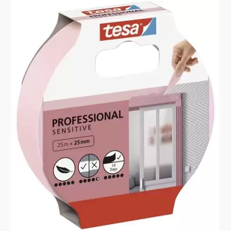 (56260-00001-02) TESA CINTA ADHESIVA DE ENMASCARAR PROFESSIONAL SENSITIVE PARA PINTOR ROLLO 25MX25MM ROSA