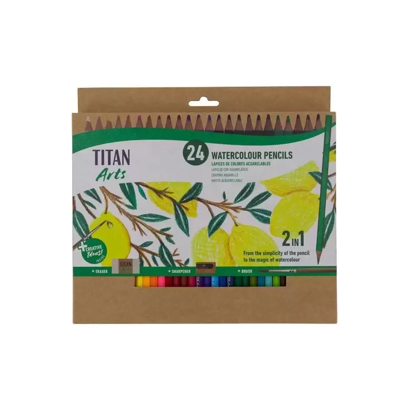 (130120024) TITAN ARTS LÁPICES DE COLORES ACUARELABLES SURTIDOS ESTUCHE 24 UD + PINCEL + GOMA + SACAPUNTAS