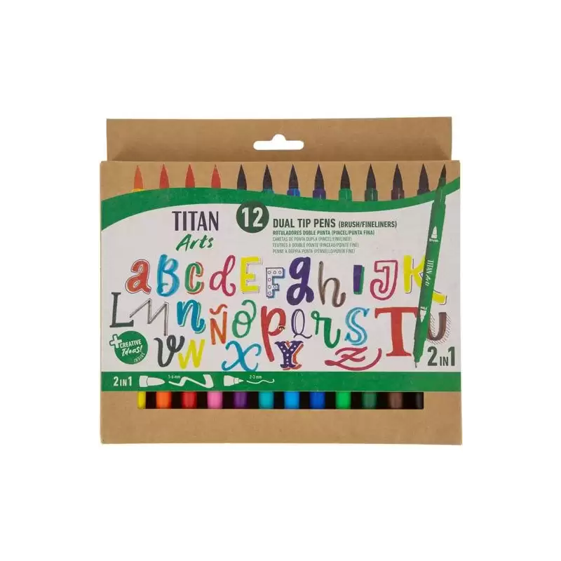 (130500012) TITAN ARTS ROTULADORES DOBLE PUNTA FINA/PINCEL COLORES SURTIDOS ESTUCHE 12 UD