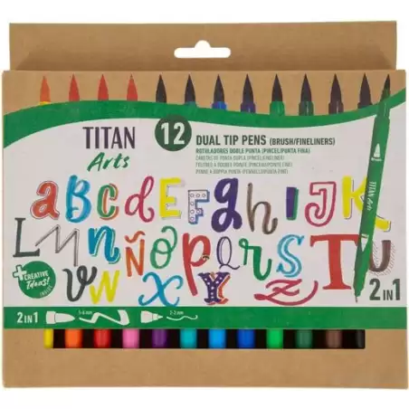 (130500012) TITAN ARTS ROTULADORES DOBLE PUNTA FINA/PINCEL COLORES SURTIDOS ESTUCHE 12 UD