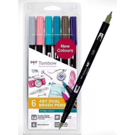 (ABT-6P-5/ABT-6C-5) TOMBOW ABT DUAL BRUSH ROTULADORES DOBLE PUNTA FINA/PINCEL C/SURTIDOS VINTAGE ESTUCHE 6 UD