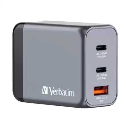 (32201) VERBATIM GNC-65 CARGADOR PARED GAN 65W USB-A 3.0 Y 2XUSB-C 3.0