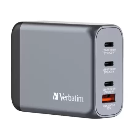 (32202) VERBATIM GNC-100 CARGADOR PARED GAN 100W USB-A 3.0 Y 3XUSB-C 3.0
