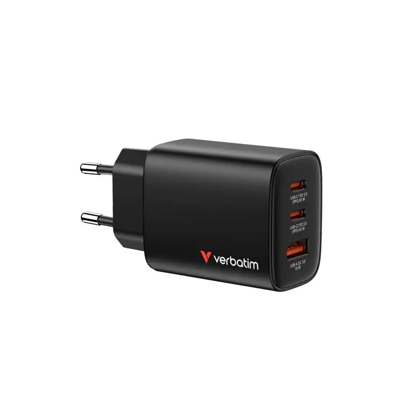 (32352) VERBATIM CARGADOR PARED GAN ESSENTIALS  65W 2XUSB-C 3.0 Y 1XUSB-A NEGRO