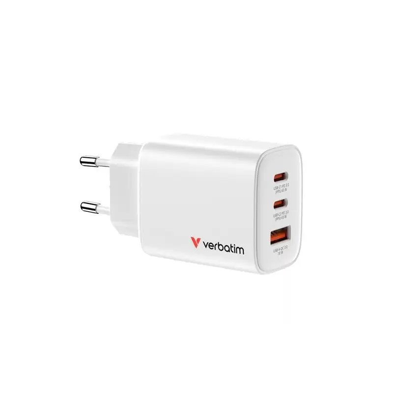 (32353) VERBATIM CARGADOR PARED GAN ESSENTIALS  65W 2XUSB-C 3.0 Y 1XUSB-A BLANCO