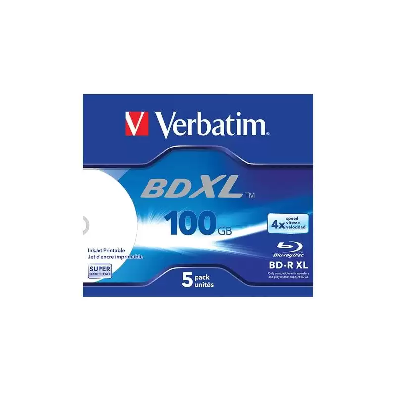 (43789) VERBATIM BD-R XL BLU-RAY 100GB 4X SPEED DATALIFE WHITE INKJET PRINTABLE - 5 EN CAJA JEWEL