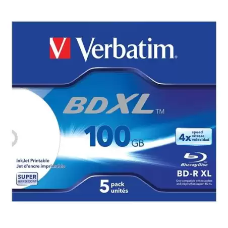 (43789) VERBATIM BD-R XL BLU-RAY 100GB 4X SPEED DATALIFE WHITE INKJET PRINTABLE - 5 EN CAJA JEWEL