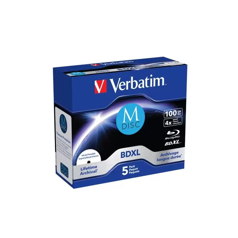 (43834) VERBATIM BDXL MDISC BLU-RAY 100GB 4X SPEED DATALIFE WHITE BLUE SURFACE- 5 PACK