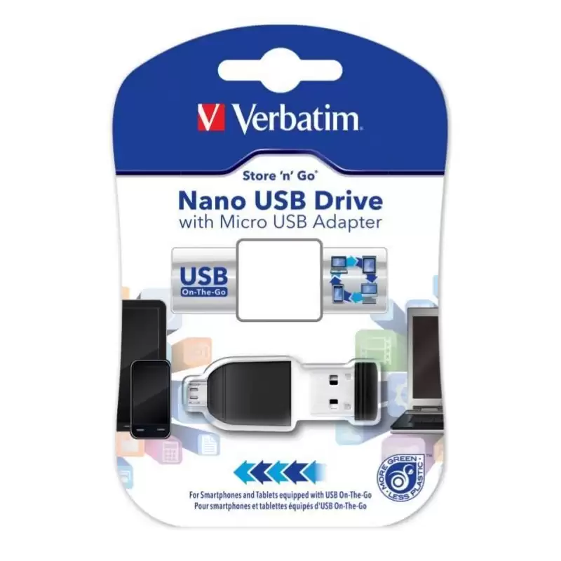 (49821) VERBATIM PENDRIVE NANO ON-THE-GO 16GB USB 2.0 OTG CON ADAPTADOR MICRO USB NEGRO
