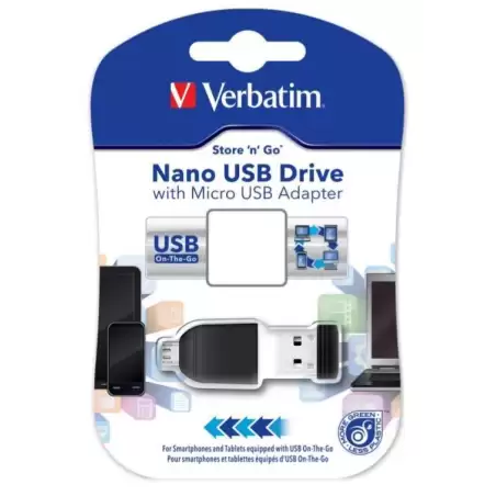 (49821) VERBATIM PENDRIVE NANO ON-THE-GO 16GB USB 2.0 OTG CON ADAPTADOR MICRO USB NEGRO