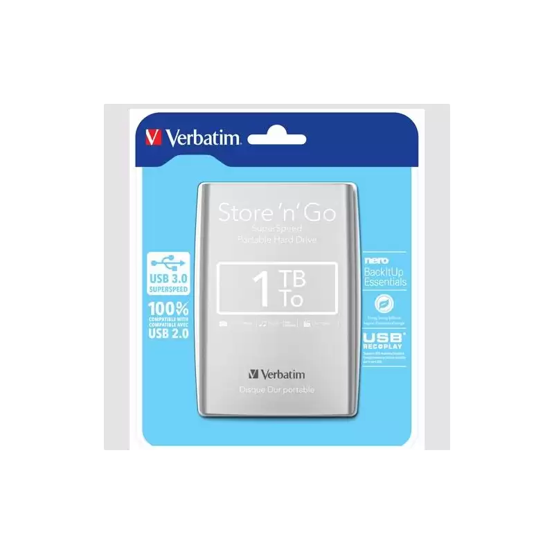 (53071) VERBATIM DISCO DURO EXTERNO STORE 'N' GO 1TB HDD 2.5" USB 3.0 SILVER