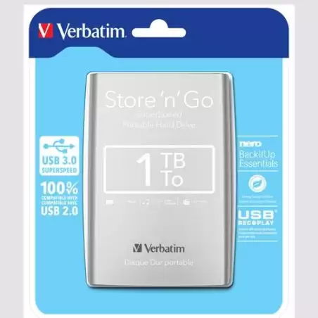 (53071) VERBATIM DISCO DURO EXTERNO STORE 'N' GO 1TB HDD 2.5" USB 3.0 SILVER
