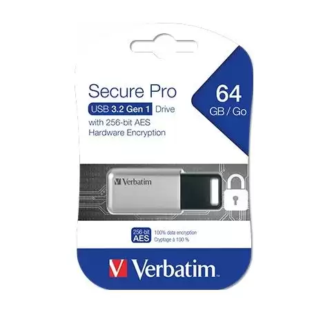(98666) VERBATIM PENDRIVE SECURE PRO 64GB RETRÁCTIL USB 3.2 HARDWARE ENCRYPTION PLATA